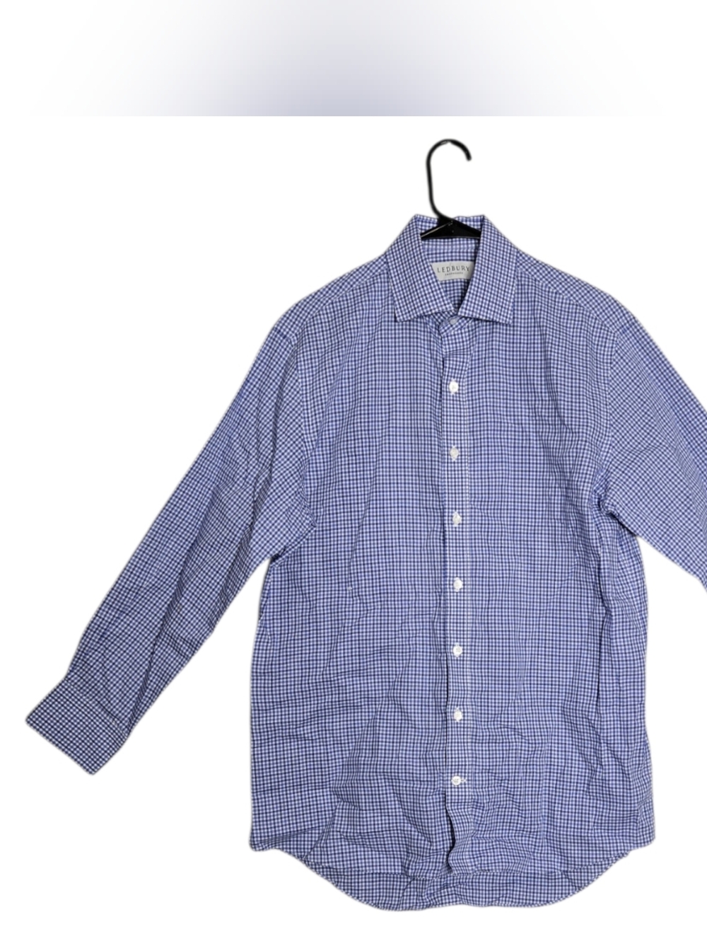 Ledbury Blue Gingham Small Check Dress Shirt Classic Cotton Spread Collar 15.5 - Picture 10 of 13